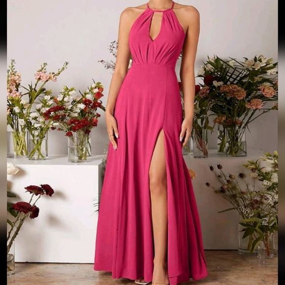 Halter High Slit Bridesmaid Dress - Picture 2 of 4